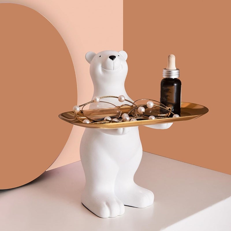 Bear Key Holder 23x23.5x13cm Resin and Metal Organizer - Cute Key Storage Solution for Entryways Desks Decor White Gold - Image 1