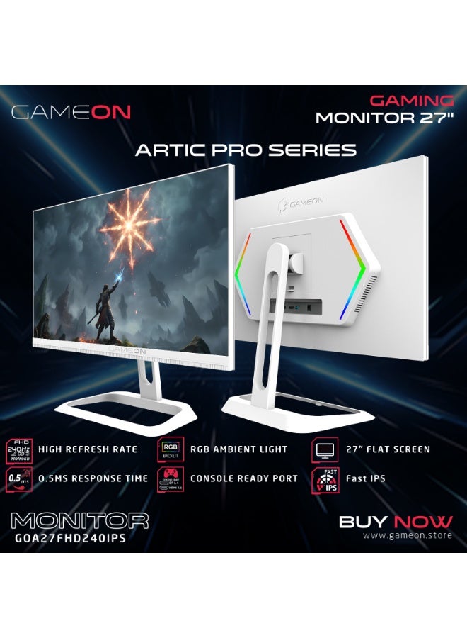 GAMEON Artic Pro 27" Gaming Monitor, FHD 1920x1080, 240Hz Refresh Rate, 0.5ms MPRT, Fast IPS, HDR400, FreeSync, HDMI 2.1, Height Adjustable, Supports PS5 Xbox white - Image 2