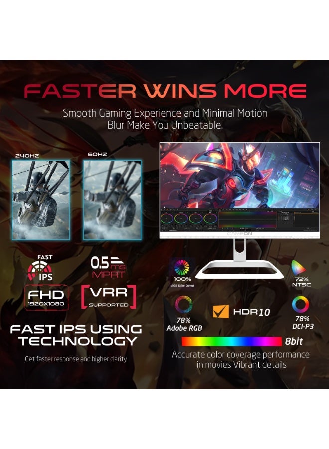 GAMEON Artic Pro 27" Gaming Monitor, FHD 1920x1080, 240Hz Refresh Rate, 0.5ms MPRT, Fast IPS, HDR400, FreeSync, HDMI 2.1, Height Adjustable, Supports PS5 Xbox white - Image 4