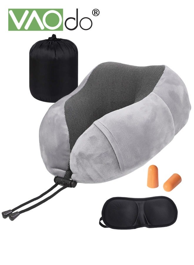 VAOdo Travel Pillow with Earplugs  Best Memory Foam Neck Pillow  Head Support Soft Pillow for Sleeping Rest Airplane Car & Home Use with Storage Bag Sleep Mask and Earplugs Grey - Image 1