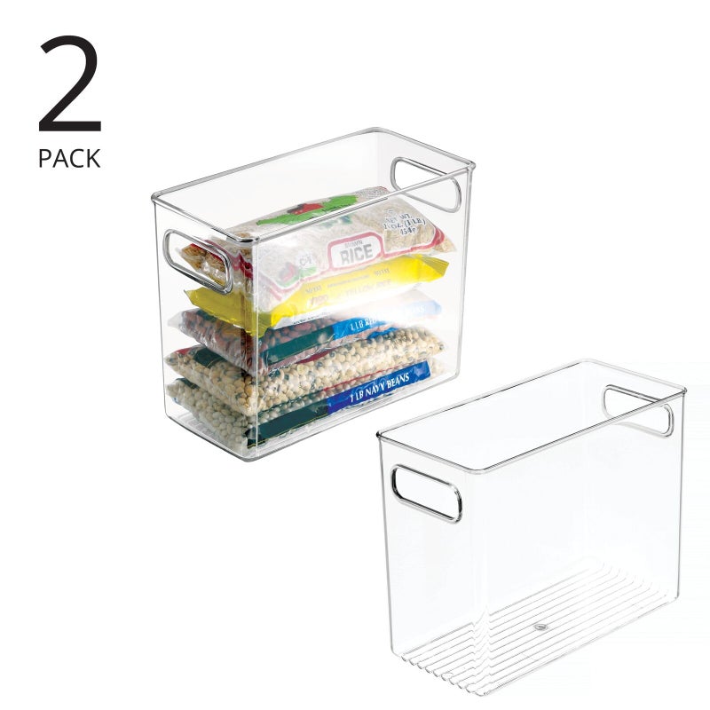 mDesign Plastic Tall Food Storage Organization Container Bin with Handles for Kitchen, Pantry, Cabinet, Fridge/Freezer, Countertop - Organizer for Snacks/Appliances, Ligne Collection, 2 Pack, Clear - Image 2