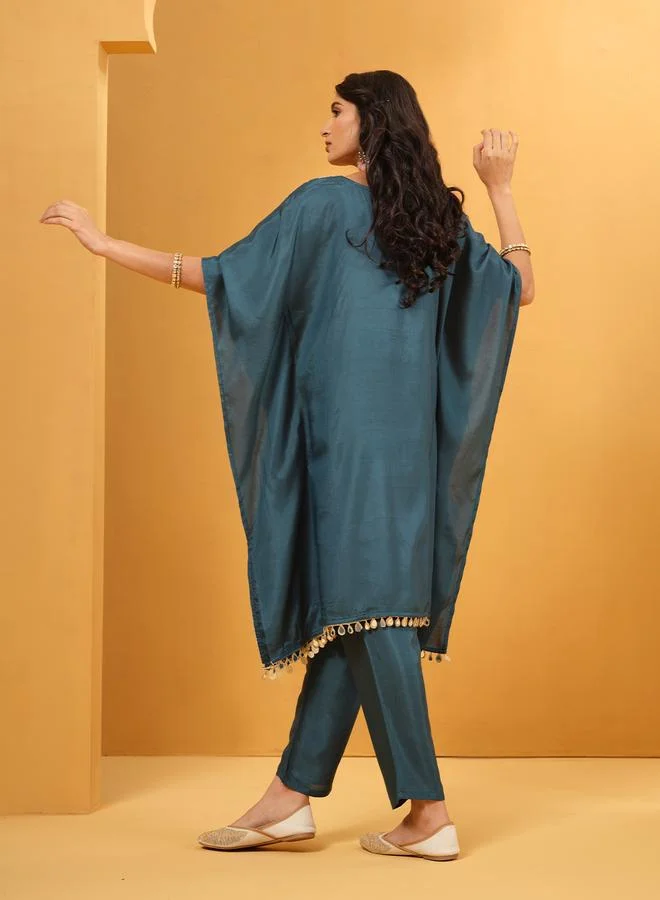 ISHIN Women's Teal Viscose Silk Embroidered A-Line Kaftan Upperwear Calf Length Palazzo Bottomwear Flowy 2 Peice Kurta Set