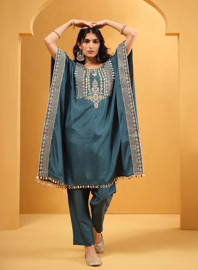 ISHIN Women's Teal Viscose Silk Embroidered A-Line Kaftan Upperwear Calf Length Palazzo Bottomwear Flowy 2 Peice Kurta Set
