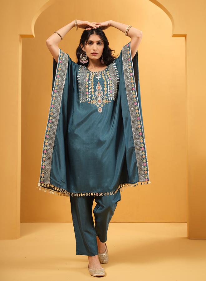 ISHIN Women's Teal Viscose Silk Embroidered A-Line Kaftan Upperwear Calf Length Palazzo Bottomwear Flowy 2 Peice Kurta Set - Image 1