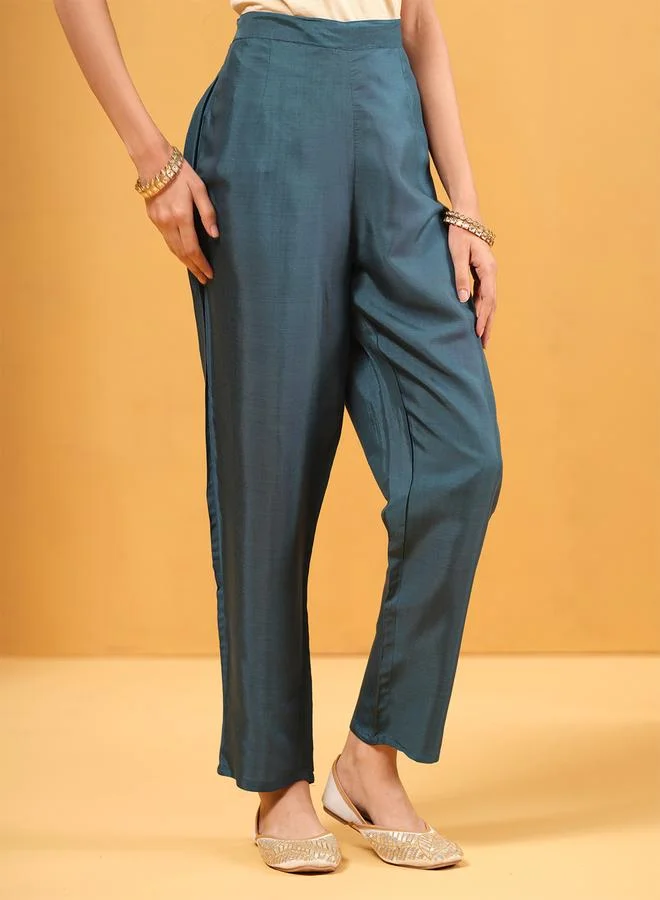 ISHIN Women's Teal Viscose Silk Embroidered A-Line Kaftan Upperwear Calf Length Palazzo Bottomwear Flowy 2 Peice Kurta Set