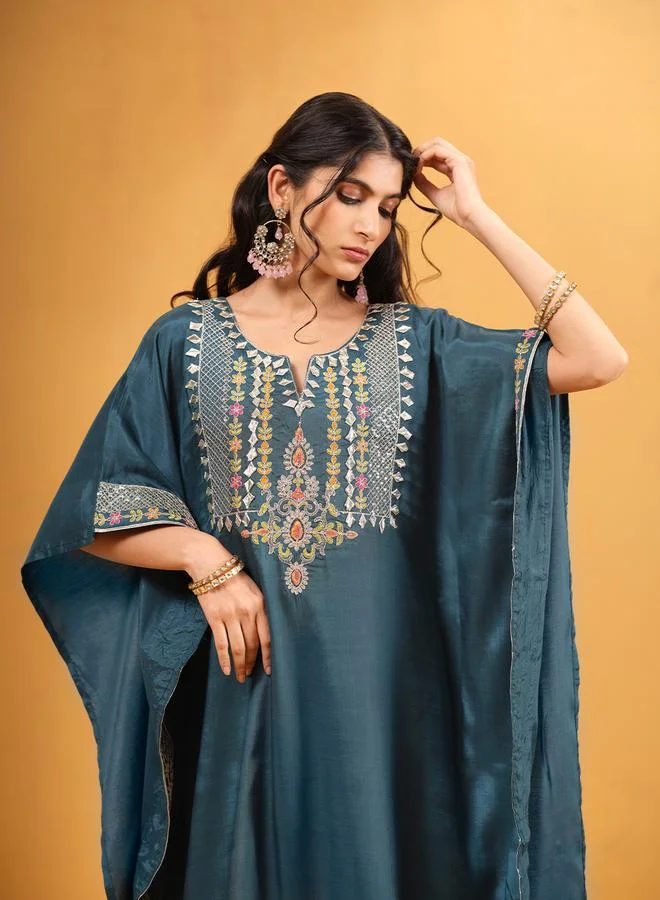 ISHIN Women's Teal Viscose Silk Embroidered A-Line Kaftan Upperwear Calf Length Palazzo Bottomwear Flowy 2 Peice Kurta Set