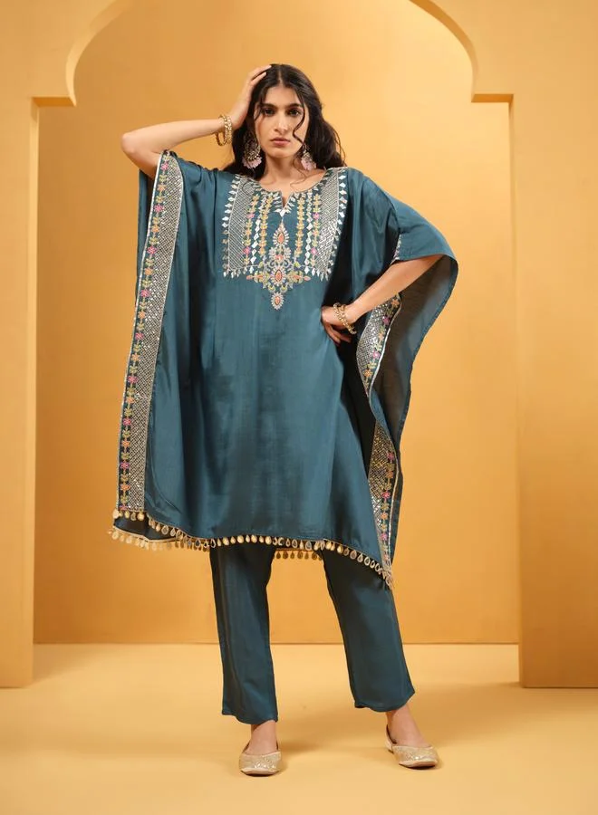 ISHIN Women's Teal Viscose Silk Embroidered A-Line Kaftan Upperwear Calf Length Palazzo Bottomwear Flowy 2 Peice Kurta Set