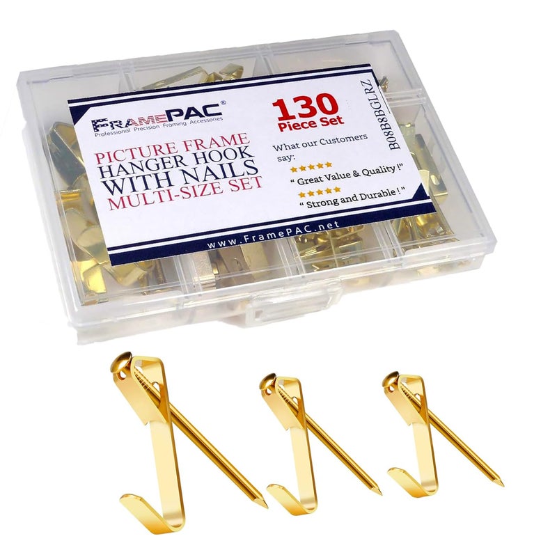 FramePac 130 Pieces Picture Hanging Kit Photo Frame Hanger Hooks with Nails Pictures Painting Wall Art Hangers Hardware for Drywall Wooden Wall