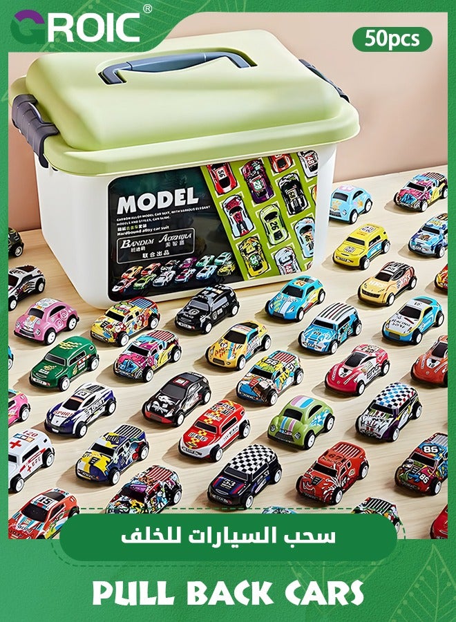 GROIC 50 Pack Pull Back Toy Cars with Storage Box, Back to Force Toy Cars, Alloy Cast Mini Die-Cast Race Cars Vehicles Bulk, Party Favor Race Cars Toys, Best Gifts for Toddlers - Image 1