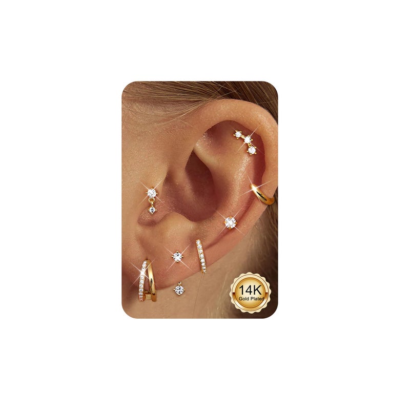 ADRAMATA Hypoallergenic Gold Earrings Stack for Women - 7Pairs Surgical Steel Small Huggie Hoop Stud Earrings Set Cartilage Jewelry Trendy Christmas Gifts Stylish - Image 1