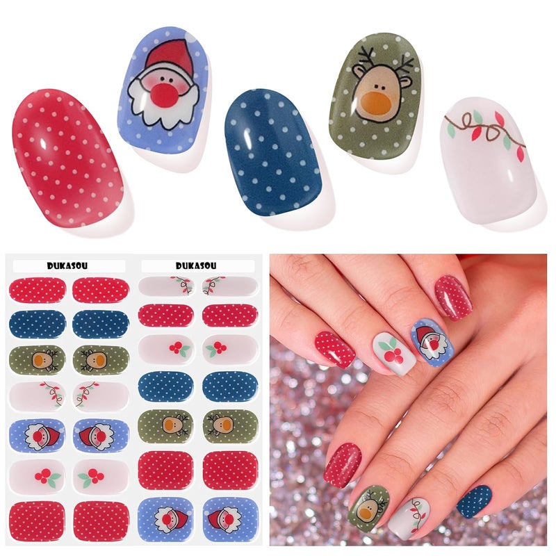 DUKASOU Christmas Semi Cured Gel Nail Strips, 28pcs Santa Claus Gel Nail Strips Work with Any UV Lamp, Gel Nail Stickers for Christmas Party Gifts DIY, Includes Prep Pads, Nail File & Wood Stick