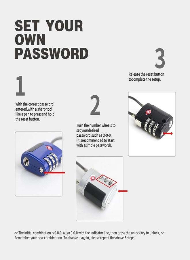 ARVOX Set of 2 Metal Cable TSA Locks for Luggage, Number Lock for Bag 4 Digit Small Locks for Luggage TSA Lock Combination Password Locks for Travel (2, Metal TSA Cable) - Image 5