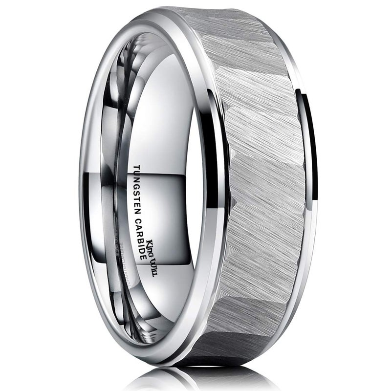 King Will HAMMER 8mm Mens Tungsten Carbide Ring Hammered Brushed Finish Beveled Edge Wedding Band Comfort Fit 10 - Image 1