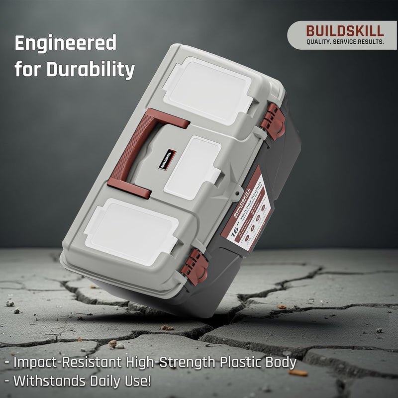 BUILDSKILL صندوق أدوات متوسط 16 بوصة للمنزل | أغطية علوية مريحة وصينية أدوات قابلة للإزالة | قفل لاتش آمن | ثقب مفتاح | هيكل مقاوم للصدمات وقوي | صندوق أدوات مثالي للاستخدام الشخصي والمهني - Image 3
