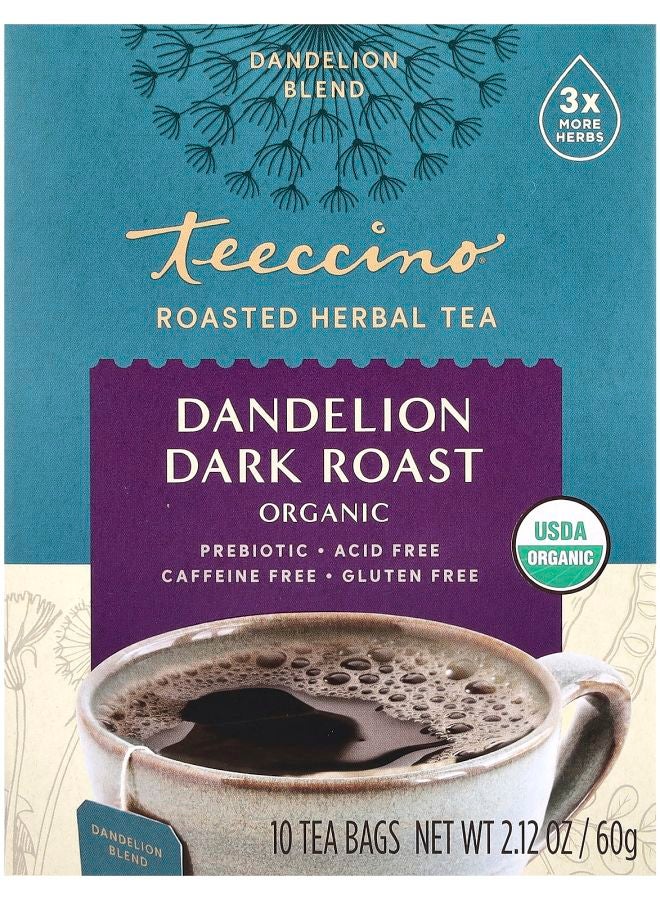 teeccino Organic Roasted Herbal Tea Dandelion Dark Roast Caffeine Free 10 Tea Bags 2.12 oz (60 g) 