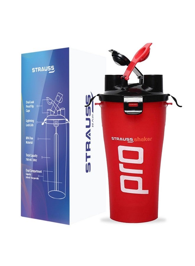 STRAUSS Dual Shaker Pro | Pre & Post Protein Shake On the Go | Leakproof and BPA-Free Material | Dual Shaker Bottle | Protein Shaker Bottle for Gym | Suitable for Both Men and Women, 700ml,(Red) - Image 1