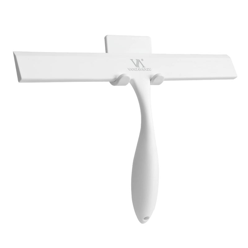 VANZAVANZU Shower Squeegee for Glass Doors  11-Inch Silicone Squeegee with Non-Slip Handle and Adhesive Hook for Bathroom  Mirror  Tile  Car Window (White) - Image 1