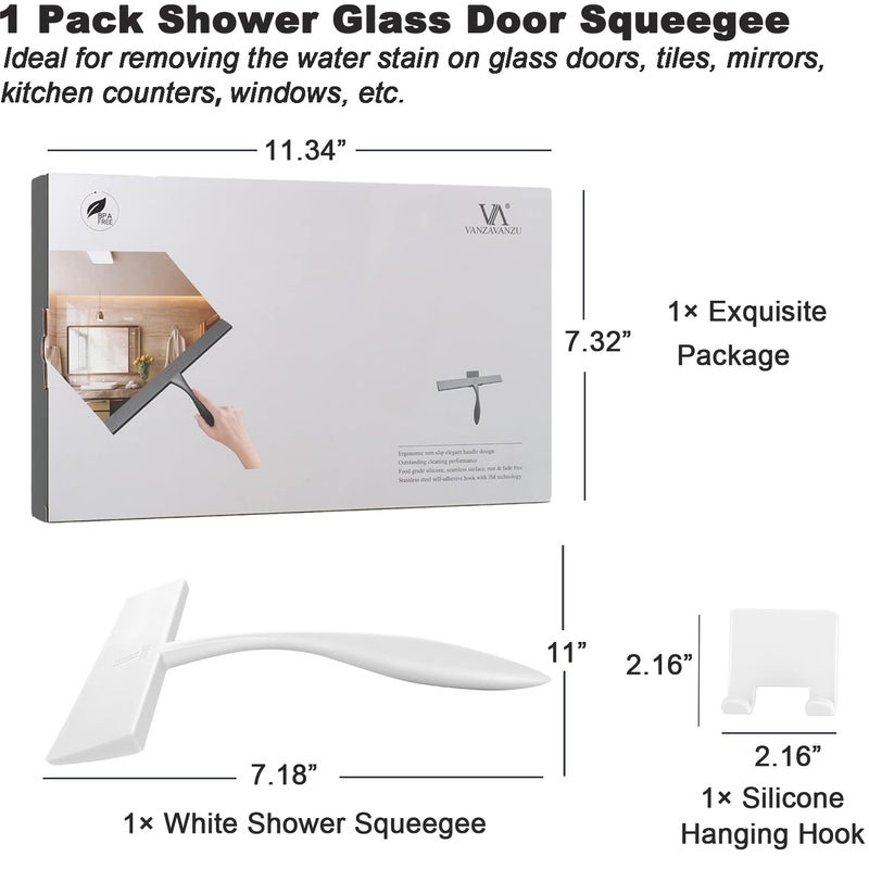 VANZAVANZU Shower Squeegee for Glass Doors  11-Inch Silicone Squeegee with Non-Slip Handle and Adhesive Hook for Bathroom  Mirror  Tile  Car Window (White) - Image 3