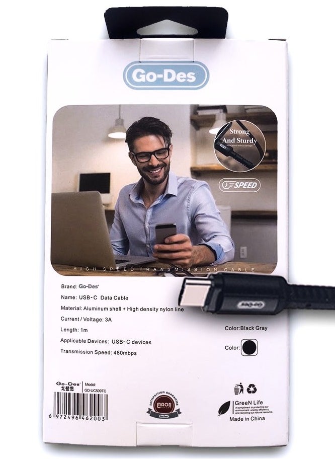 GO-DES - Go-Des USB To Type C Superfast Charging Data cable & Upto 480 Mbps Transfer Speed With 3A Output Nylon Braided Compatible All Major Brands 1M Black - Image 1