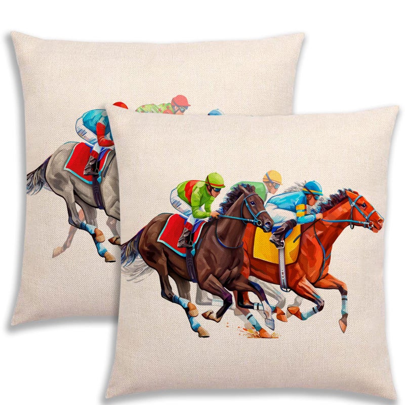 Rainlemon Kentucky Derby Throw Pillow Cover Run for The Roses Jockey Horse Racing Themed Party Decoration for Couch Sofa 18x18 Inch Pack of 2