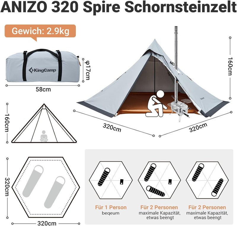KingCamp خيمة كينغ كامب أنيزو 320 على شكل قبة لشخصين، خيمة ذات سقف مدبب مع مدخنة، خيمة هندية للتخييم، المشي، حماية من الأشعة فوق البنفسجية، خيمة قمة، خيمة هرم، خيمة تخييم، خيمة عائلية - Image 2