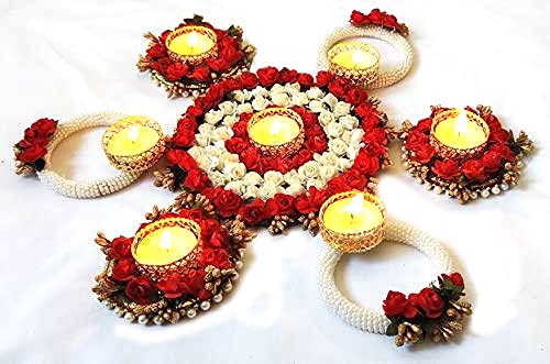 12SEASONS 12seasons Handmade Metal Rangoli Tealight Holder Set Diya Decorated with Artificial Flowers Tea Lights 1 Big and 6 Small tealight Holders