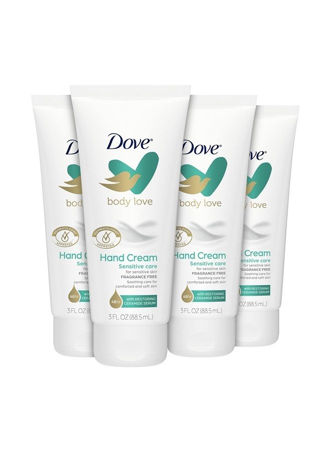 Dove Body Love Fragrance-Free Hand Cream for Rough or Dry Skin Sensitive Care Soothes and Comforts Skin, White, 3 Oz (Pack of 4)  - Image 1