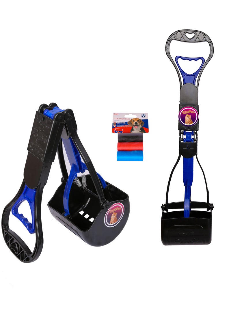 HAPPY PUSS Foldable pet waste scoop, outdoor durable cleaning tool; Clean and pick up your pet waste. Portable picker including 3 rolls of pet trash bags- for cats and dogs,blue color - Image 1