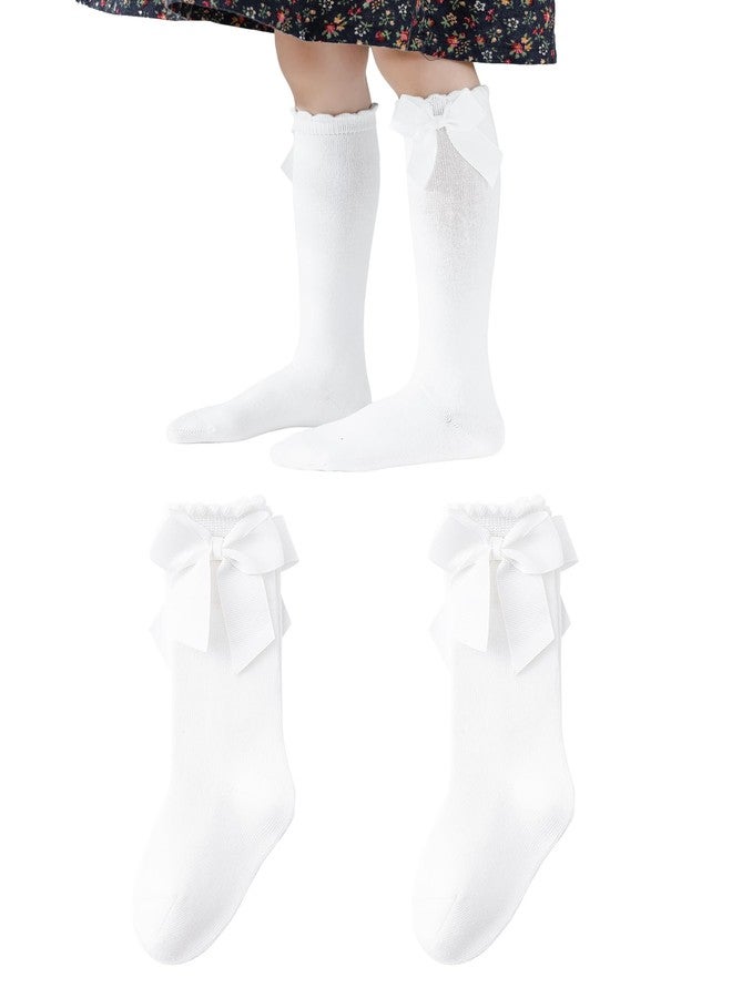 hakugoo Baby Knee High Socks Toddler Cotton Long Socks,Stockings with Bow Ruffle Tube Sock for 2-4T(White,2Pairs) - Image 1