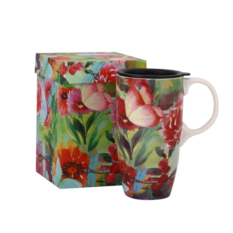 Topadorn Ceramic Coffee Mug 17 oz Coffee Cup with Color Box and Spillproof Lid Travel Mug Butterfly and Dragonfly