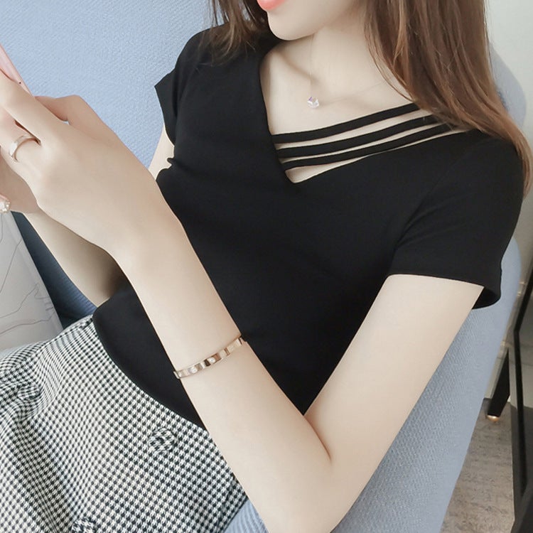 Short-Sleeved T-Shirt for Women 2025 Summer Korean Style New Women's Ins Student V-Neck Slim Fit Top Women's Clothing One-Piece Wholesale - Image 2