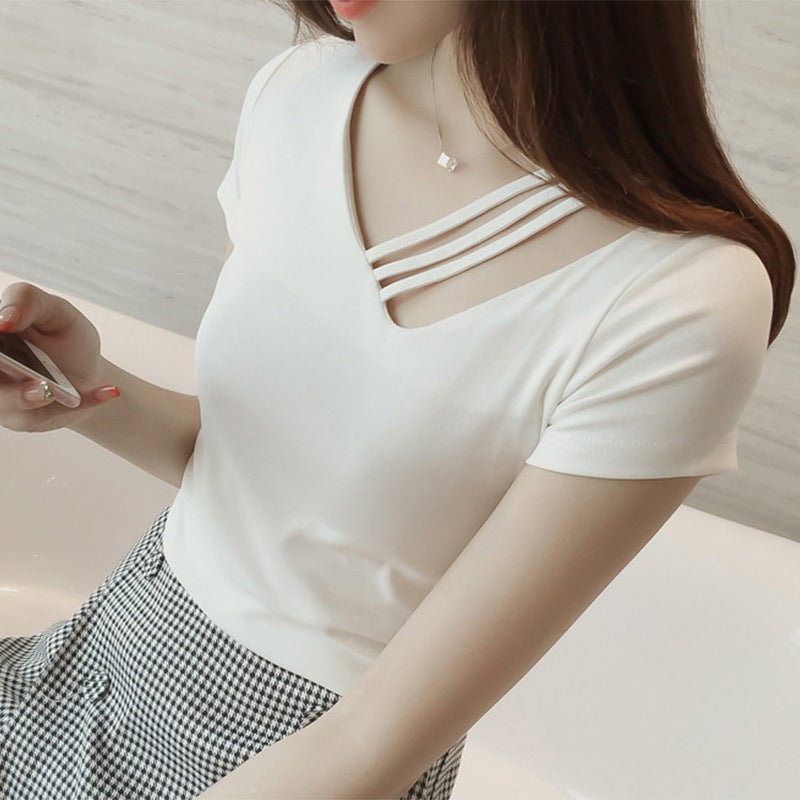 Short-Sleeved T-Shirt for Women 2025 Summer Korean Style New Women's Ins Student V-Neck Slim Fit Top Women's Clothing One-Piece Wholesale - Image 1