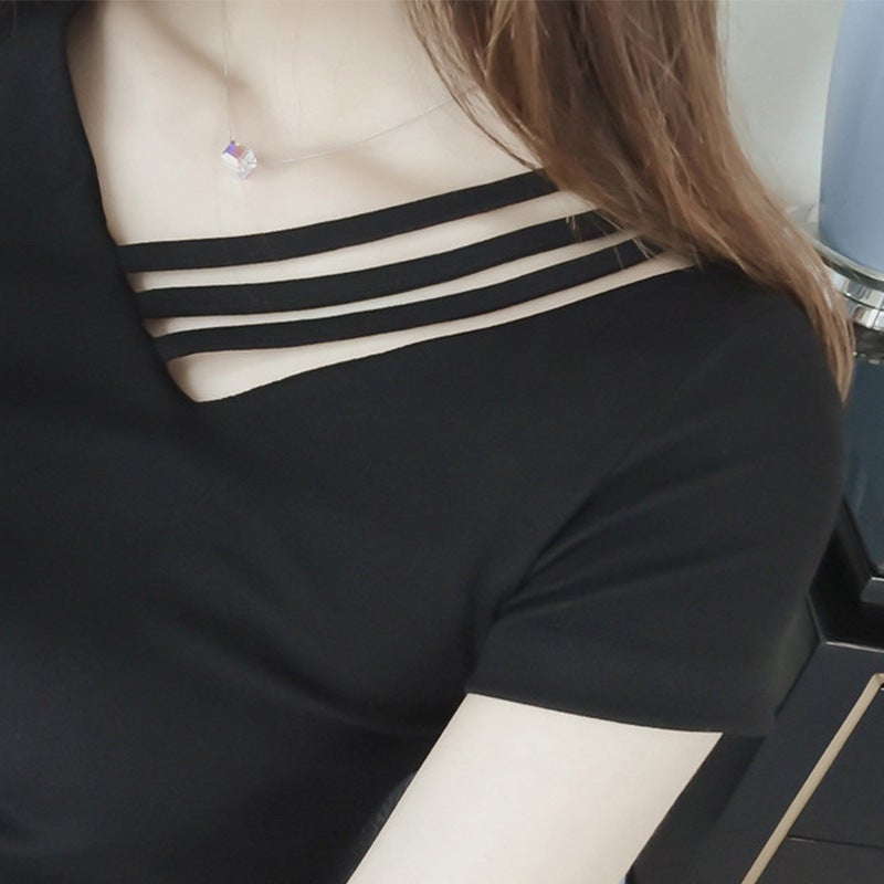 Short-Sleeved T-Shirt for Women 2025 Summer Korean Style New Women's Ins Student V-Neck Slim Fit Top Women's Clothing One-Piece Wholesale - Image 5