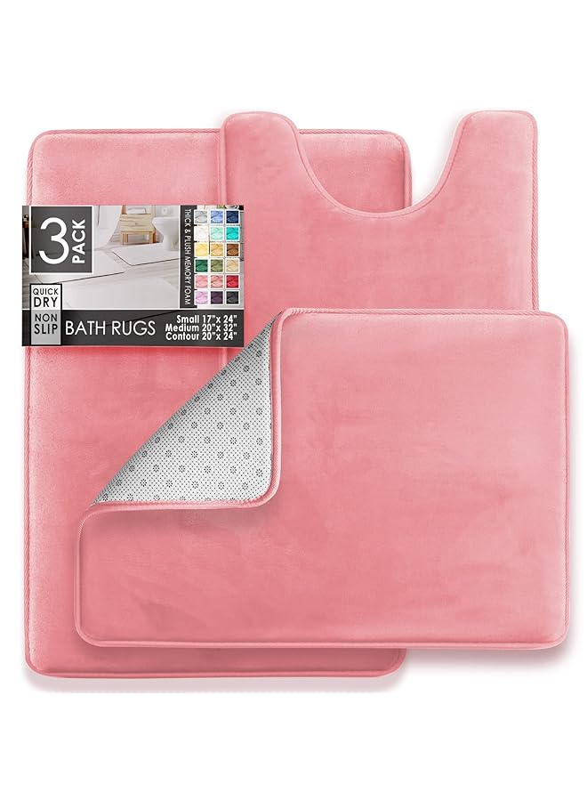 كلارا كلارك مجموعة سجاد الحمام من 3 قطع من سجاد الحمام المصنوع من إسفنج الذاكرة المخملي غير القابل للانزلاق، سجاد حمام قابل للغسل في الغسالة يجف بسرعة، سجاد حمام فائق النعومة للحمام، مجموعة سجاد حمام باللون الوردي المرجاني - Image 2