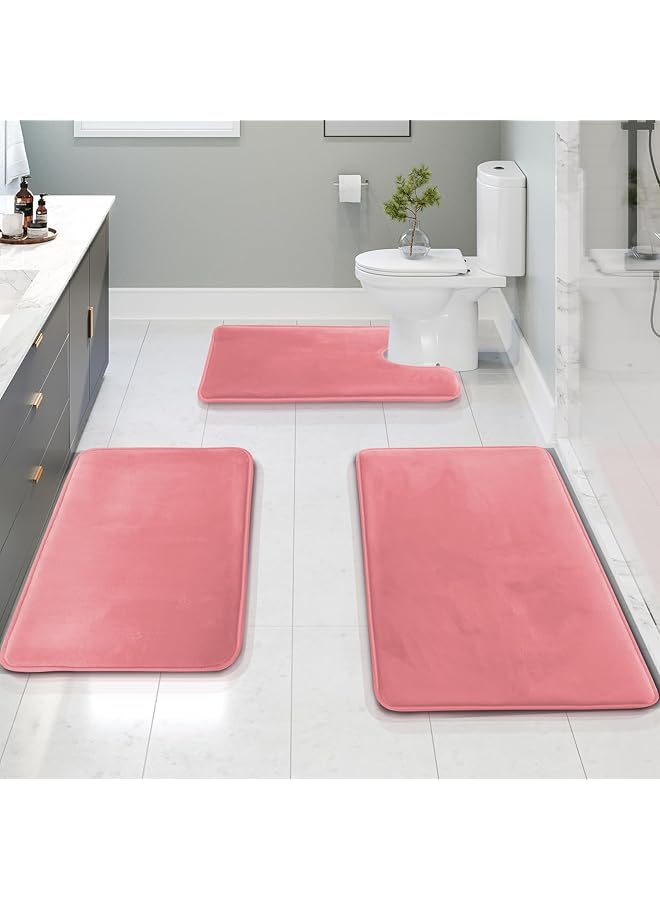 كلارا كلارك مجموعة سجاد الحمام من 3 قطع من سجاد الحمام المصنوع من إسفنج الذاكرة المخملي غير القابل للانزلاق، سجاد حمام قابل للغسل في الغسالة يجف بسرعة، سجاد حمام فائق النعومة للحمام، مجموعة سجاد حمام باللون الوردي المرجاني - Image 1
