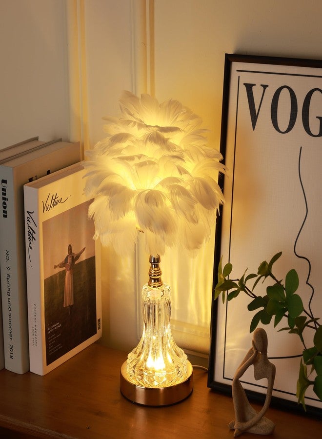 HOME ELEMENTS Modern Feather Table Lamp, Night Lamp for Bedroom Living Room Decor Home Decor Warm Light Classic Bedside Desk Lamp, Study Lamps, with 2 Way LED (No Bulb Required) (White) - Image 1