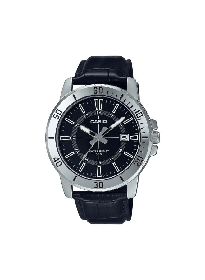 Casio MTP-VD01L-1CVUDF Men’s Analog Watch – Black Dial, Rotating Bezel, Date Display, Leather Strap, Water Resistant - Image 1