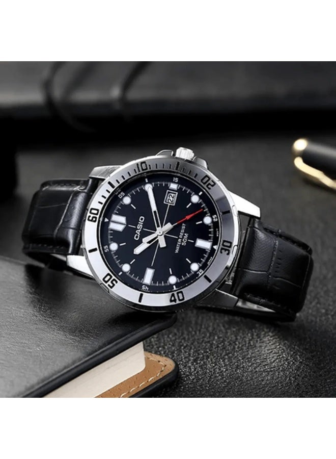 Casio MTP-VD01L-1CVUDF Men’s Analog Watch – Black Dial, Rotating Bezel, Date Display, Leather Strap, Water Resistant - Image 2