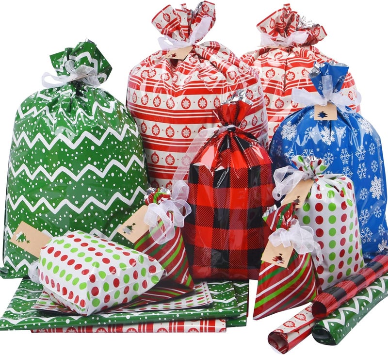 VIMUSFUN Christmas Gift Bags, 34pcs Assorted Sizes With Ribbon Ties&Tags, Xmas Favor Goody Reusable Plastic Holiday Gift Bag Bulk Jumbo/Extra Large/Medium - Image 1