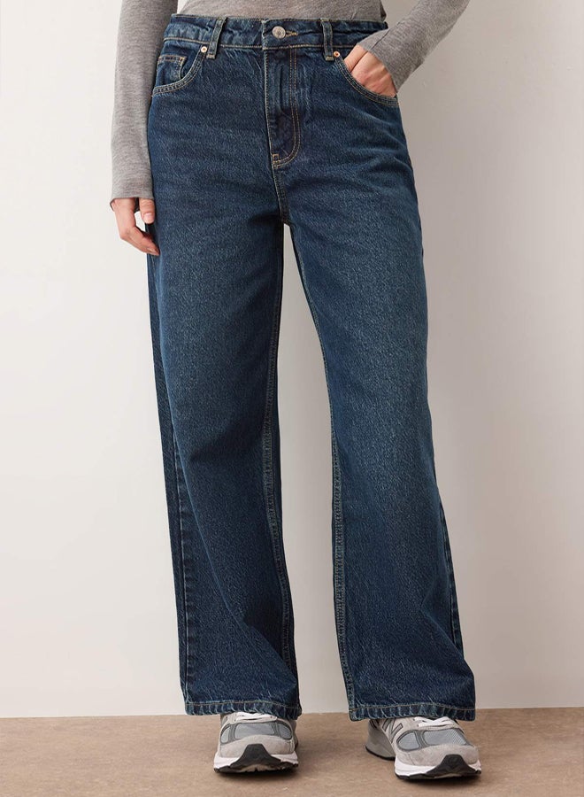 trendyol Dark Blue High Waist Ankle Length Culotte 100% Cotton Jeans - Image 3