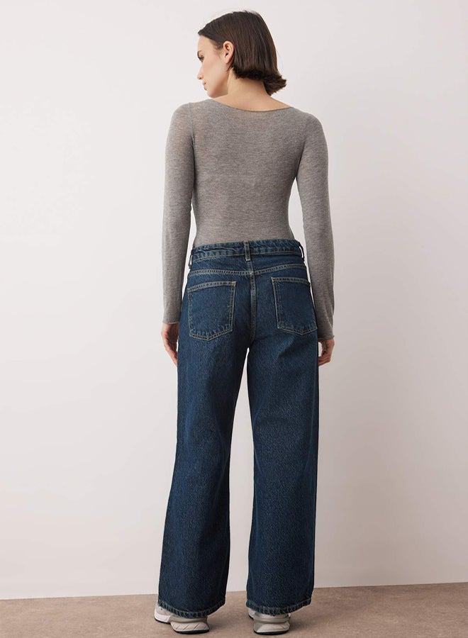 trendyol Dark Blue High Waist Ankle Length Culotte 100% Cotton Jeans - Image 4