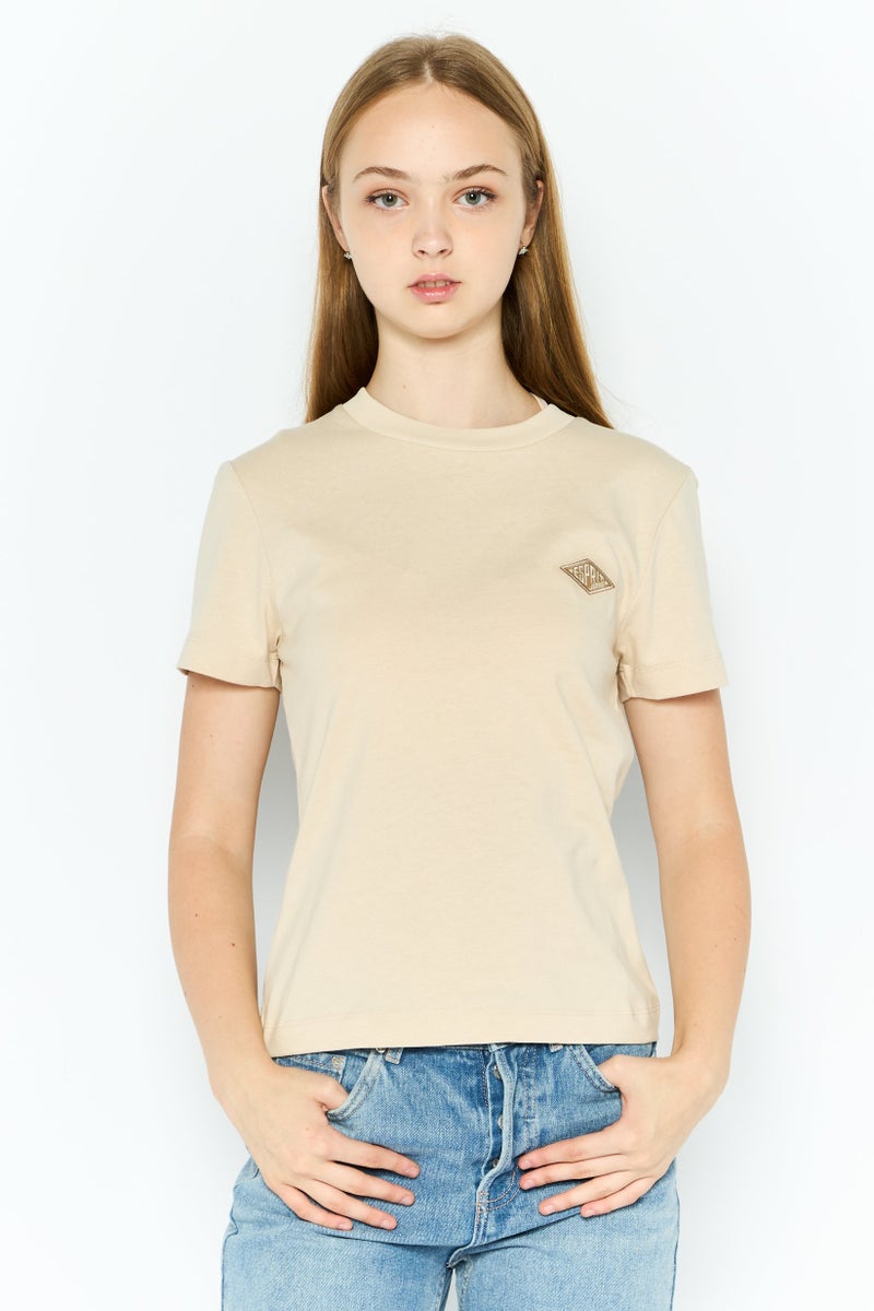 ESPRIT Women Crew Neck Short Sleeves Brand Logo T-Shirt, Tan - Image 1