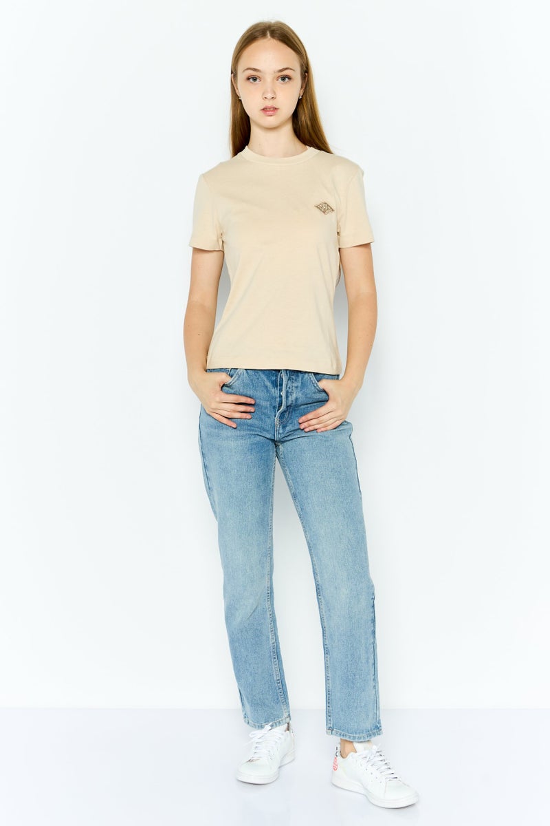 ESPRIT Women Crew Neck Short Sleeves Brand Logo T-Shirt, Tan - Image 2