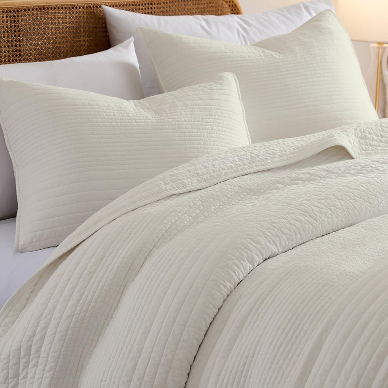 palassio Striped Beige 100% Cotton Quilt King Size Bedding Sets, Lightweight Crinkly Channel Pick Stitch Textured Bedspread Soft Shabby Chic Farmhouse Country Coverlet for All Season, 2 Shams - Image 3