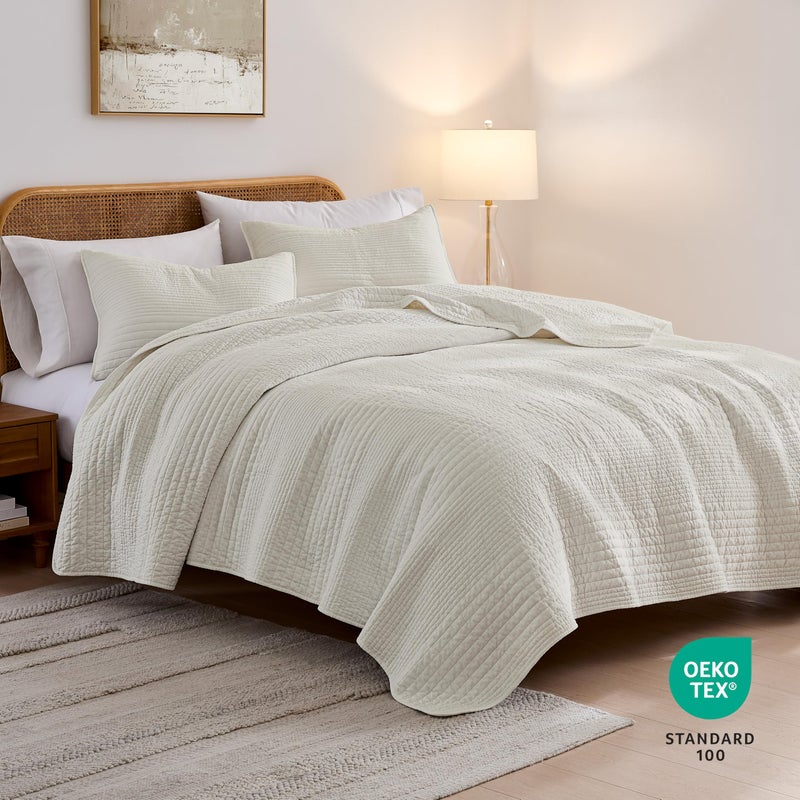 palassio Striped Beige 100% Cotton Quilt King Size Bedding Sets, Lightweight Crinkly Channel Pick Stitch Textured Bedspread Soft Shabby Chic Farmhouse Country Coverlet for All Season, 2 Shams - Image 2