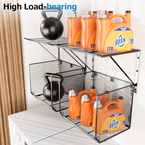 BigPonPon 2 Pack Laundry Room Shelves Organization and Storage,Wall Mounted Clothes Drying Rack with Wire Mesh Basket Over Washer and Dryer, (Black, 2 Pack) - Image 3