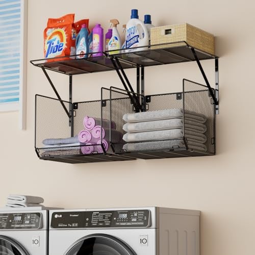 BigPonPon 2 Pack Laundry Room Shelves Organization and Storage,Wall Mounted Clothes Drying Rack with Wire Mesh Basket Over Washer and Dryer, (Black, 2 Pack) - Image 1