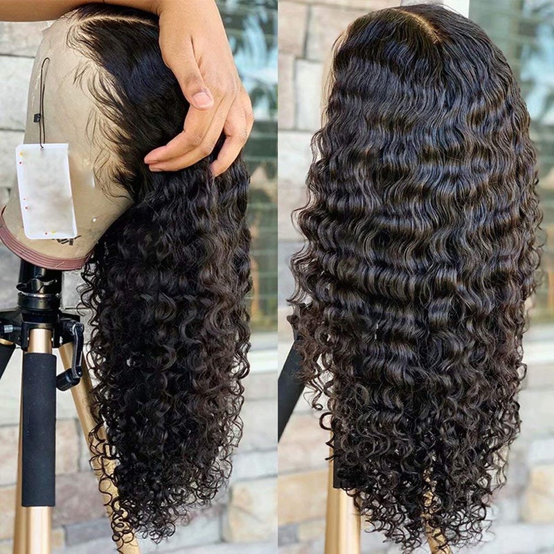 Wig Deep Wave Curly Wig HD Transparent 13x4 Lace Front Human Hair Wig Pre Plucked With Baby Hair Bleached Knots Brazilian Virgin Hair Glueless Wig 150 Density 18 Inch