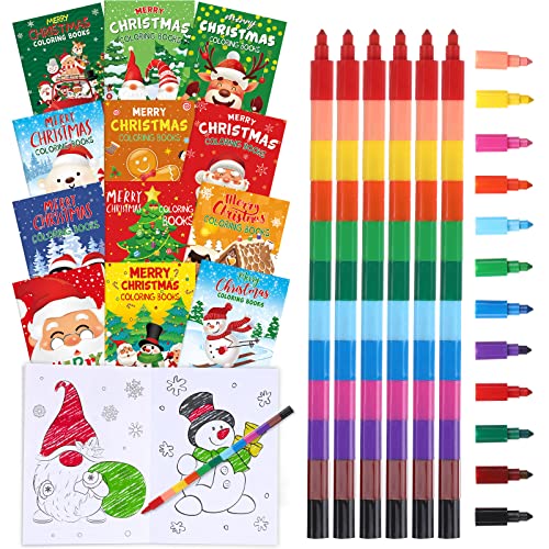 Funrous 24 Pcs Bulk Christmas Coloring Books with 24 Stackable Crayons Set Christmas Mini Coloring Books for Xmas Holiday Stocking Stuffers Activity Gifts Party FavorsVivid - Image 1
