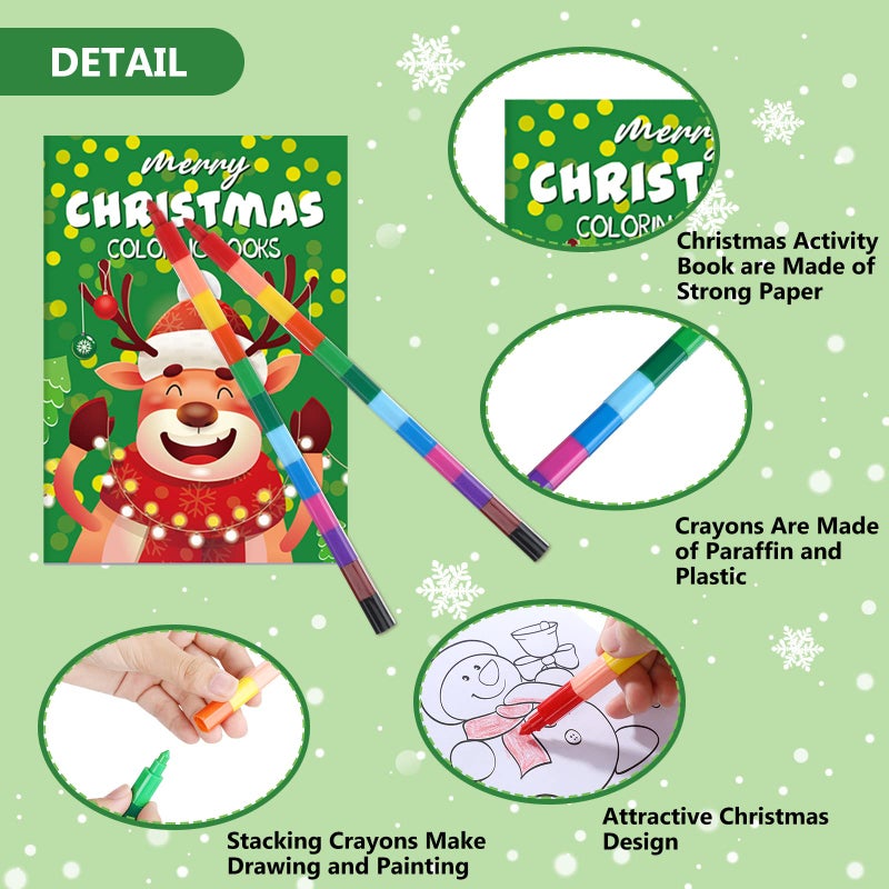 Funrous 24 Pcs Bulk Christmas Coloring Books with 24 Stackable Crayons Set Christmas Mini Coloring Books for Xmas Holiday Stocking Stuffers Activity Gifts Party FavorsVivid - Image 3